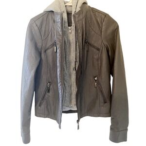 J2 Gray Vegan Leather Jacket Sz. XS w/ Removable Hood, SOFT Faux Fur Lining
